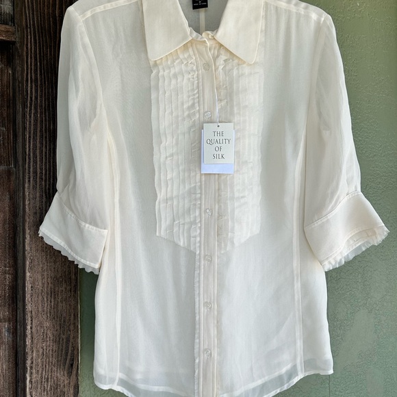 Moda International Tops - Moda International NWT Cream 100% Silk Vintage Style Tuxedo Front Ruffled Blouse